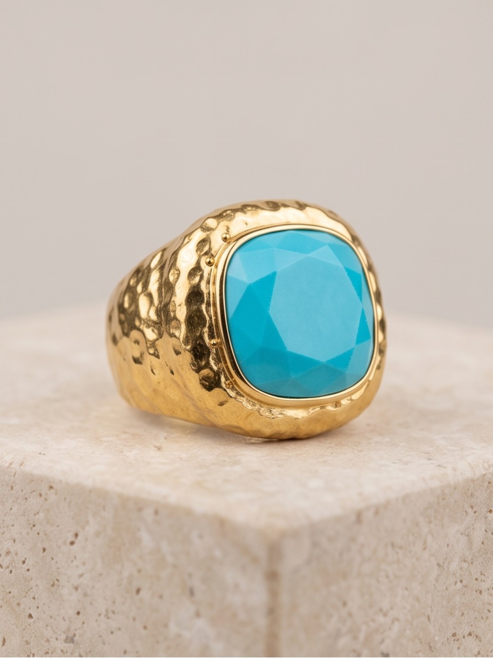 Gold Hammered Statement Ring with Turquoise Cabochon - Women Jewelry